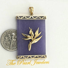 Load image into Gallery viewer, 14k Solid Gold Hawaiian Bird of Paradise Greek Key Lavender Jade Pendant