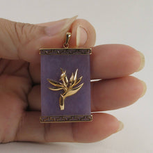 Load image into Gallery viewer, 14k Solid Gold Hawaiian Bird of Paradise Greek Key Lavender Jade Pendant