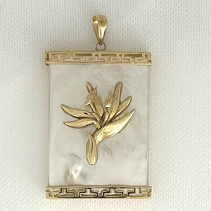 14k Yellow Gold Bird of Paradise & Greek Key White MOP Pendant Necklace