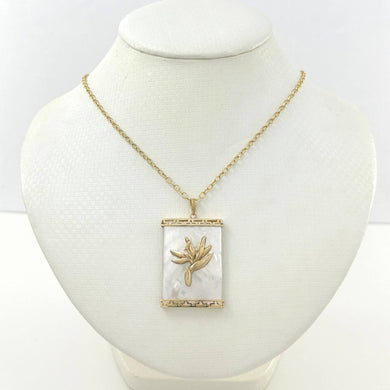 14k Yellow Gold Bird of Paradise & Greek Key White MOP Pendant Necklace