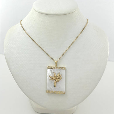 14k Yellow Gold Bird of Paradise & Greek Key White Mother of Pearl Pendant