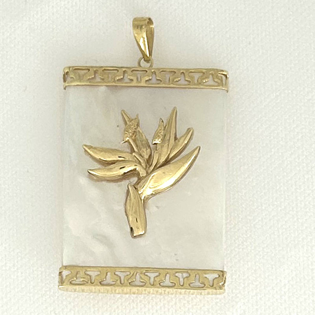 14k Yellow Gold Bird of Paradise & Greek Key White Mother of Pearl Pendant