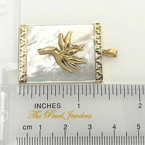 14k Yellow Gold Bird of Paradise & Greek Key White Mother of Pearl Pendant