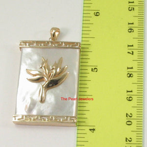 14k Yellow Gold Bird of Paradise & Greek Key White Mother of Pearl Pendant