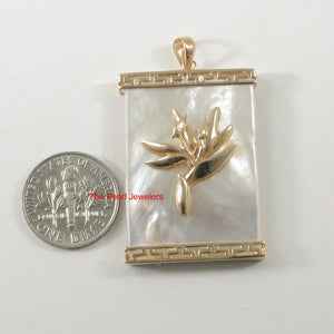 14k Yellow Gold Bird of Paradise & Greek Key White Mother of Pearl Pendant