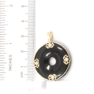 14k Gold Butterflies Disc Shape Black Onyx Pendant Necklace