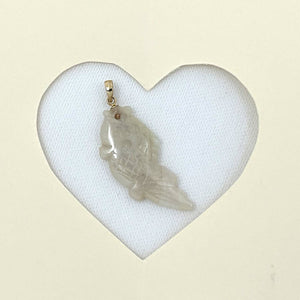 14k Solid Yellow Gold Hand-Carved Carp Antique White Jadeite Pendant Necklace