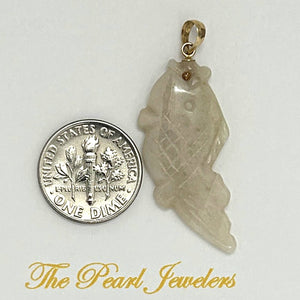 14k Solid Yellow Gold Hand-Carved Carp Antique White Jadeite Pendant Necklace