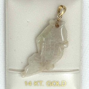 14k Solid Yellow Gold Hand-Carved Carp Antique White Jadeite Pendant Necklace