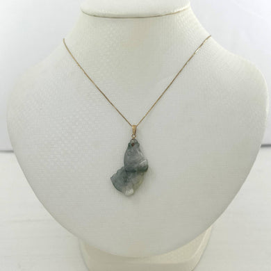14k Solid Yellow Gold Hand-Carved Carp Celadon-Green Jadeite Pendant Necklace