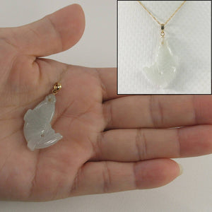 14k Solid Yellow Gold Hand-Carved Carp Celadon-Green Jadeite Pendant Necklace