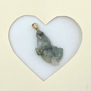 14k Solid Yellow Gold Hand-Carved Carp Celadon-Green Jadeite Pendant Necklace