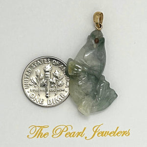 14k Solid Yellow Gold Hand-Carved Carp Celadon-Green Jadeite Pendant Necklace