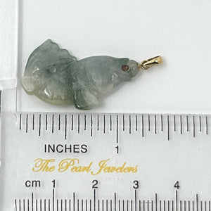 14k Solid Yellow Gold Hand-Carved Carp Celadon-Green Jadeite Pendant Necklace