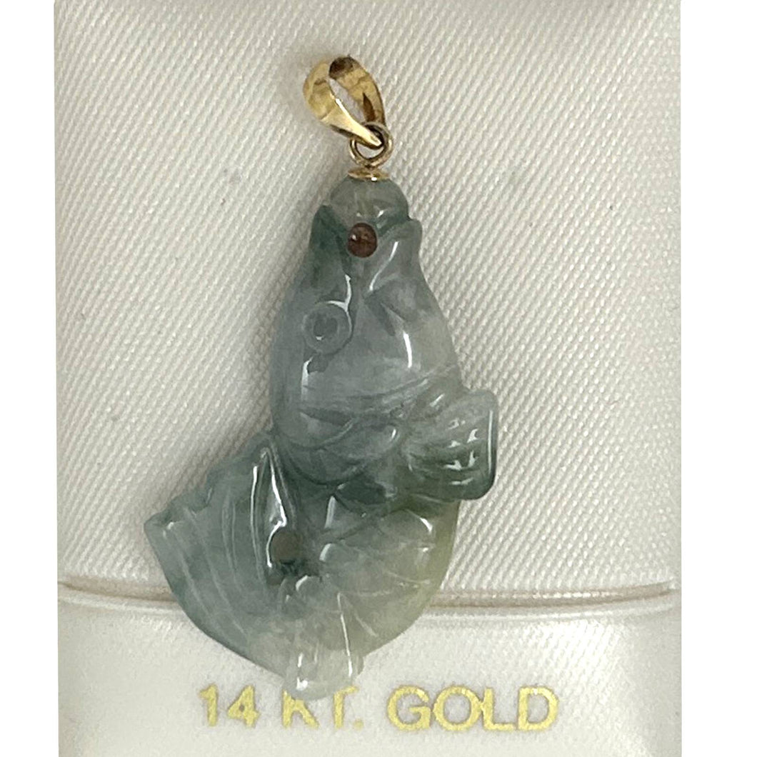 14k Solid Yellow Gold Hand-Carved Carp Celadon-Green Jadeite Pendant Necklace