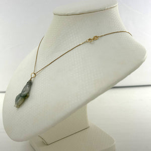 14k Solid Yellow Gold Hand-Carved Carp Celadon-Green Jadeite Pendant Necklace