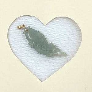 14k Solid Yellow Gold Hand-Carved Carp Celadon-Green Jadeite Pendant