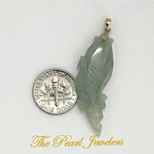 Load image into Gallery viewer, 14k Solid Yellow Gold Hand-Carved Carp Celadon-Green Jadeite Pendant