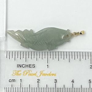 14k Solid Yellow Gold Hand-Carved Carp Celadon-Green Jadeite Pendant