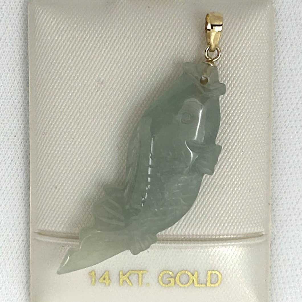14k Solid Yellow Gold Hand-Carved Carp Celadon-Green Jadeite Pendant