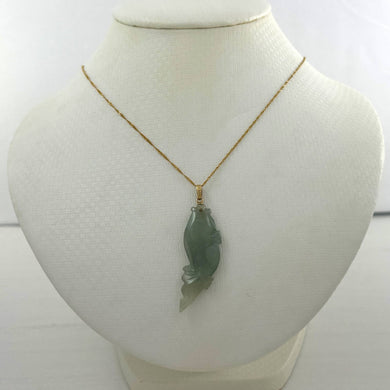 14k Solid Yellow Gold Hand-Carved Carp Celadon-Green Jadeite Pendant