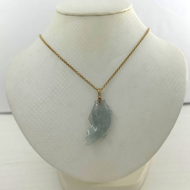 14k Solid Yellow Gold Hand-Carved Carp Celadon Jadeite Pendant