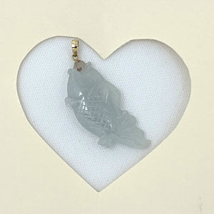 14k Solid Yellow Gold Hand-Carved Carp Celadon Jadeite Pendant