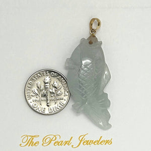 14k Solid Yellow Gold Hand-Carved Carp Celadon Jadeite Pendant