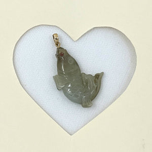 14k Solid Yellow Gold Hand-Carved Carp Celadon-Tone Jadeite Pendant Necklace