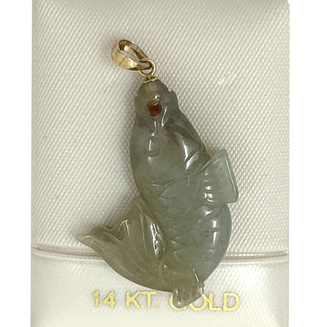 14k Solid Yellow Gold Hand-Carved Carp Celadon-Tone Jadeite Pendant Necklace