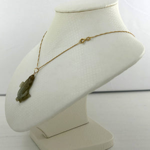 14k Solid Yellow Gold Hand-Carved Carp Celadon-Tone Jadeite Pendant Necklace