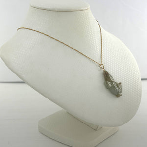 14k Solid Yellow Gold Hand-Carved Carp Celadon-Tone Jadeite Pendant Necklace
