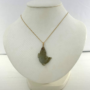 14k Solid Yellow Gold Hand-Carved Carp Celadon-Tone Jadeite Pendant Necklace