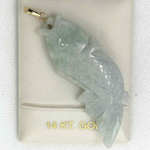 14k Solid Yellow Gold Hand-Carved Carp Celadon Two-Tone Jadeite Pendant