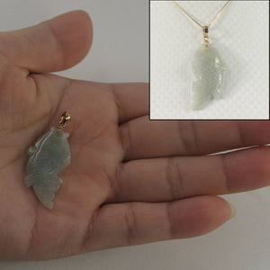 14k Solid Yellow Gold Hand-Carved Carp Pale Green Jadeite Pendant Necklace