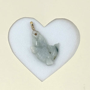 14k Solid Yellow Gold Hand-Carved Carp Pale Green Jadeite Pendant Necklace