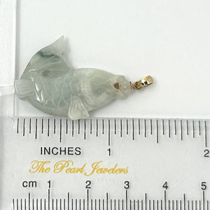 14k Solid Yellow Gold Hand-Carved Carp Pale Green Jadeite Pendant Necklace