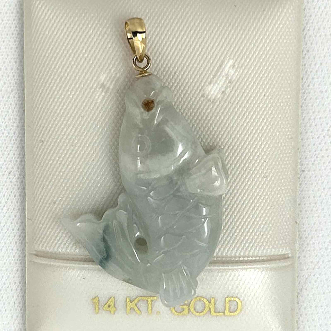 14k Solid Yellow Gold Hand-Carved Carp Pale Green Jadeite Pendant Necklace