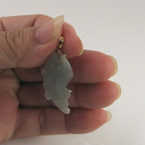14k Solid Yellow Gold Hand-Carved Carp Pale Green Jadeite Pendant Necklace