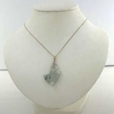 14k Solid Yellow Gold Hand-Carved Carp Pale Green Jadeite Pendant Necklace