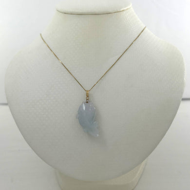 14k Solid Yellow Gold Hand-Carved Carp Pale Green Jadeite Pendant Necklace