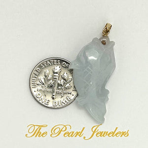 14k Solid Yellow Gold Hand-Carved Carp Pale Green Jadeite Pendant Necklace