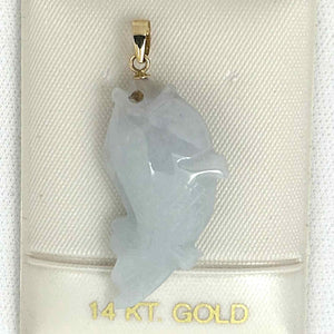 14k Solid Yellow Gold Hand-Carved Carp Pale Green Jadeite Pendant Necklace