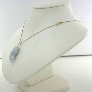 14k Solid Yellow Gold Hand-Carved Carp Pale Green Jadeite Pendant Necklace