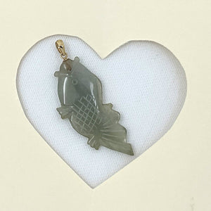 14k Solid Yellow Gold Hand-Carved Carp Celadon-Green Jadeite Pendant