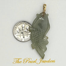 Load image into Gallery viewer, 14k Solid Yellow Gold Hand-Carved Carp Celadon-Green Jadeite Pendant