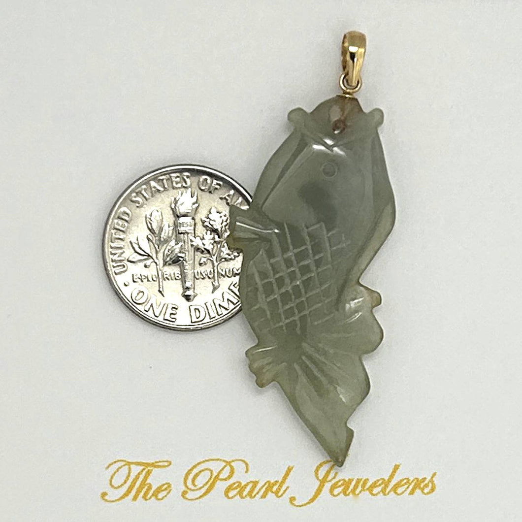 14k Solid Yellow Gold Hand-Carved Carp Celadon-Green Jadeite Pendant