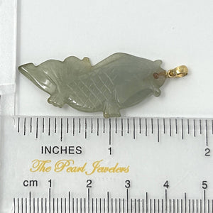 14k Solid Yellow Gold Hand-Carved Carp Celadon-Green Jadeite Pendant