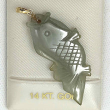 Load image into Gallery viewer, 14k Solid Yellow Gold Hand-Carved Carp Celadon-Green Jadeite Pendant