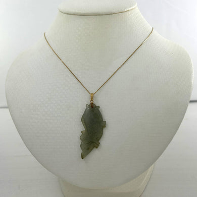 14k Solid Yellow Gold Hand-Carved Carp Celadon-Green Jadeite Pendant